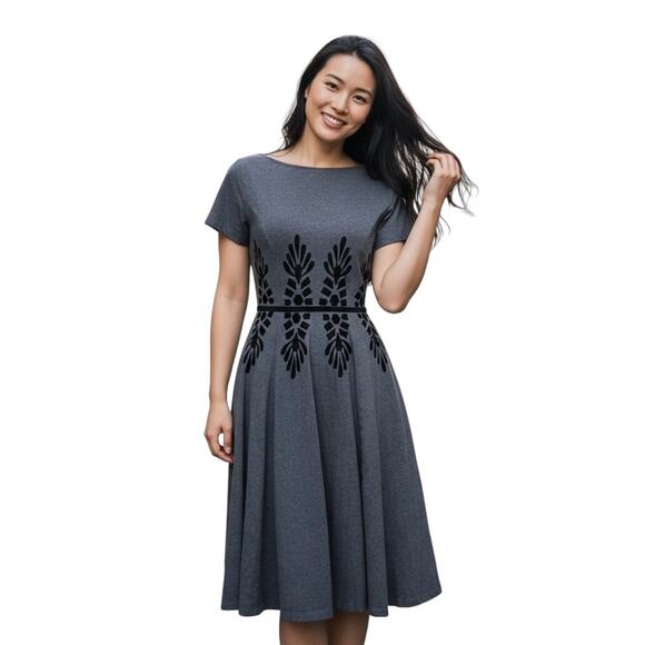 eShakti Gray Black Embroidered Fit and Flare Dress Size 4 Pockets Side Zip - Picture 1 of 8